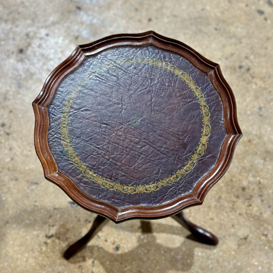 Small Octagon End Table, Leather Piecrust Top, 14" Dia x 20" H