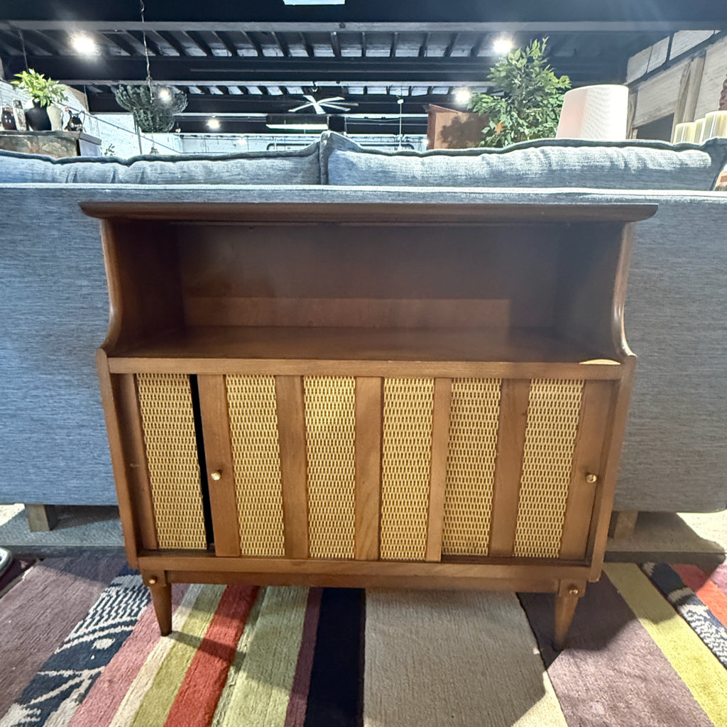 MCM cabinet, cane sliding doors, 34.5"W x 14.5"D x 30.5"H