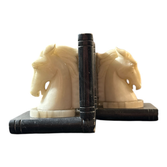Vintage marble horse head bookends, 4"H x 4.25"W x 2.5"D