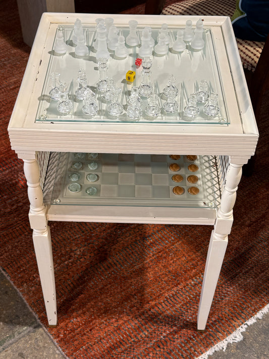 Shabby chic game table w/pieces, 17"W x 17" D x 26.5"H