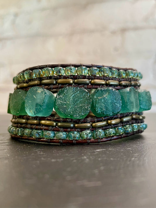 Cuff bracelet, recycled Roman glass, 5 beaded rows,seafoam green