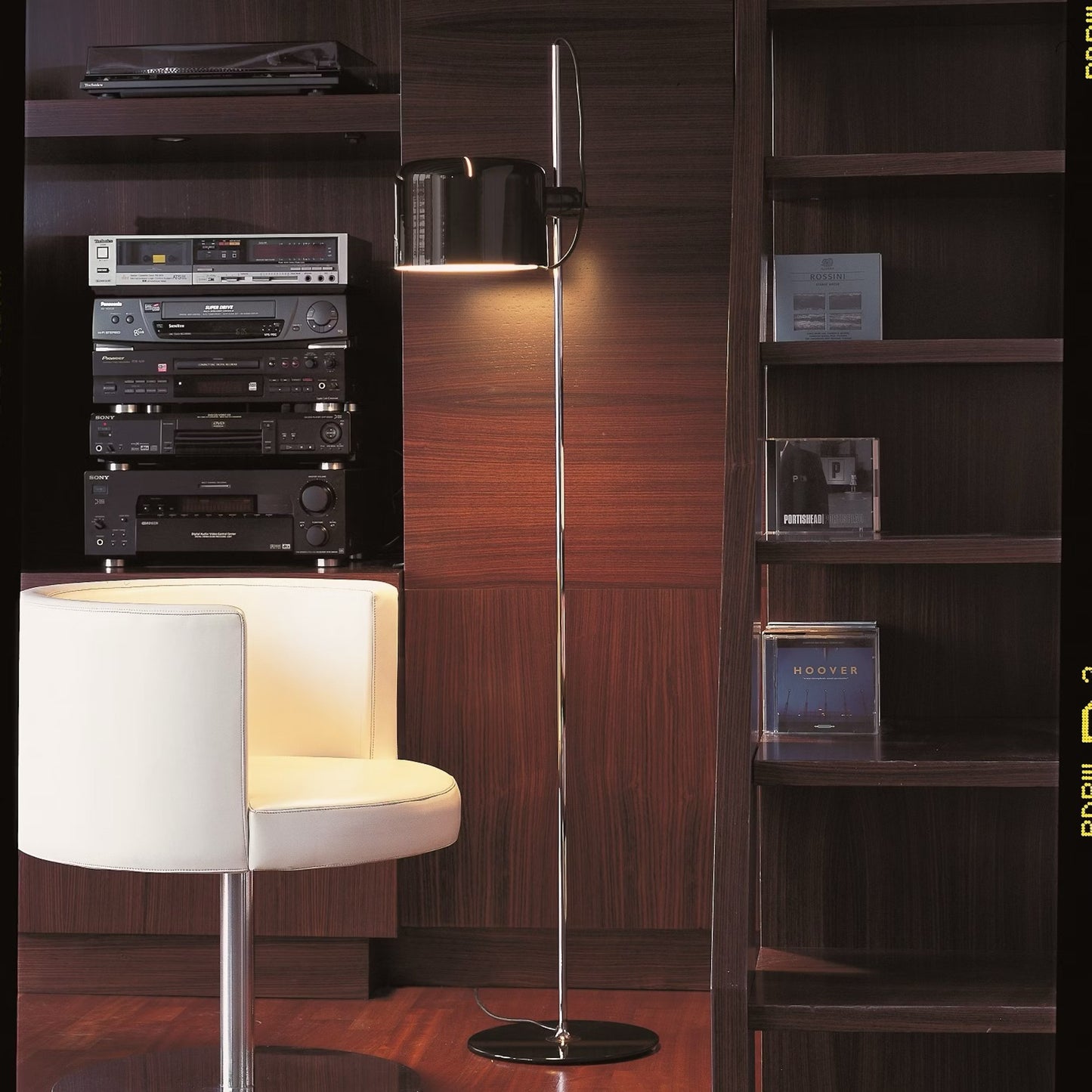 Oluce Coupè Floor Lamp, Lacquered Black & Chrome, 11" Dia x 58" H