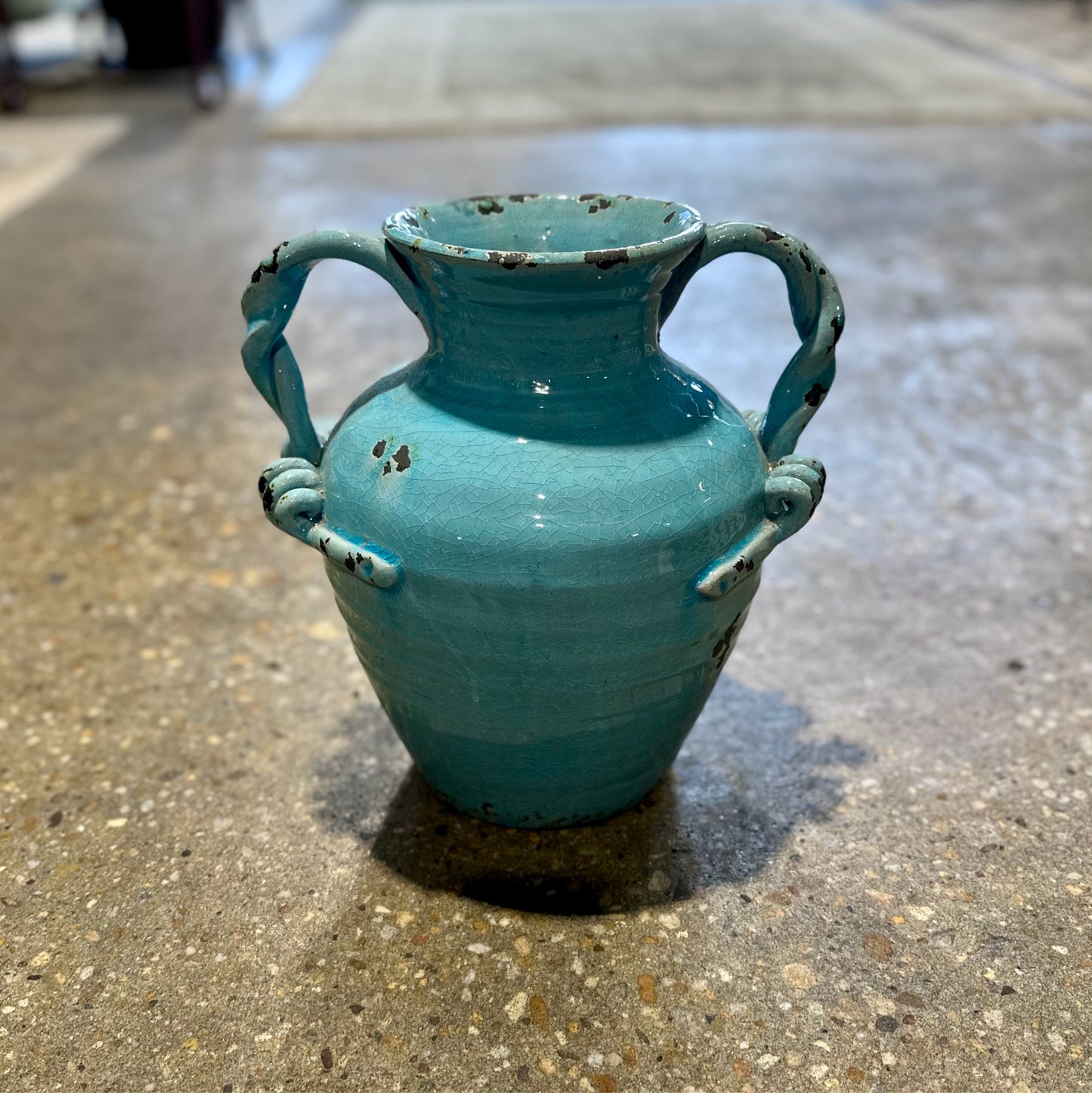 Large Old World Ceramic Urn Vase, Light Blue, 11" L x 12" W x 12" H