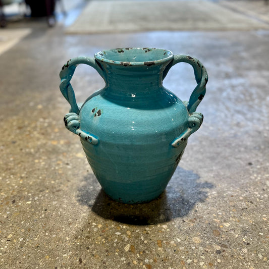 Large Old World Ceramic Urn Vase, Light Blue, 11" L x 12" W x 12" H