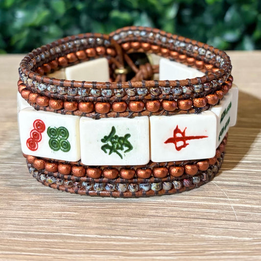 Vintage Mahjong Tile Cuff Beaded Bracelet, 1.15"W x 7.2"L, Carrie Prince