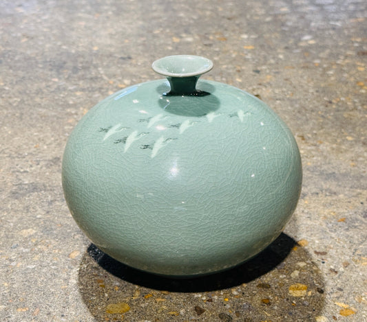 Korean Goryeo celadon vase w/flying cranes, 7"W x 7"D x 6"H