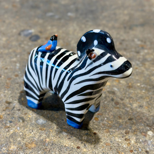 Whimsical Zebra W/ Bird Figurine, 5.5" L x 2" W x 5" H
