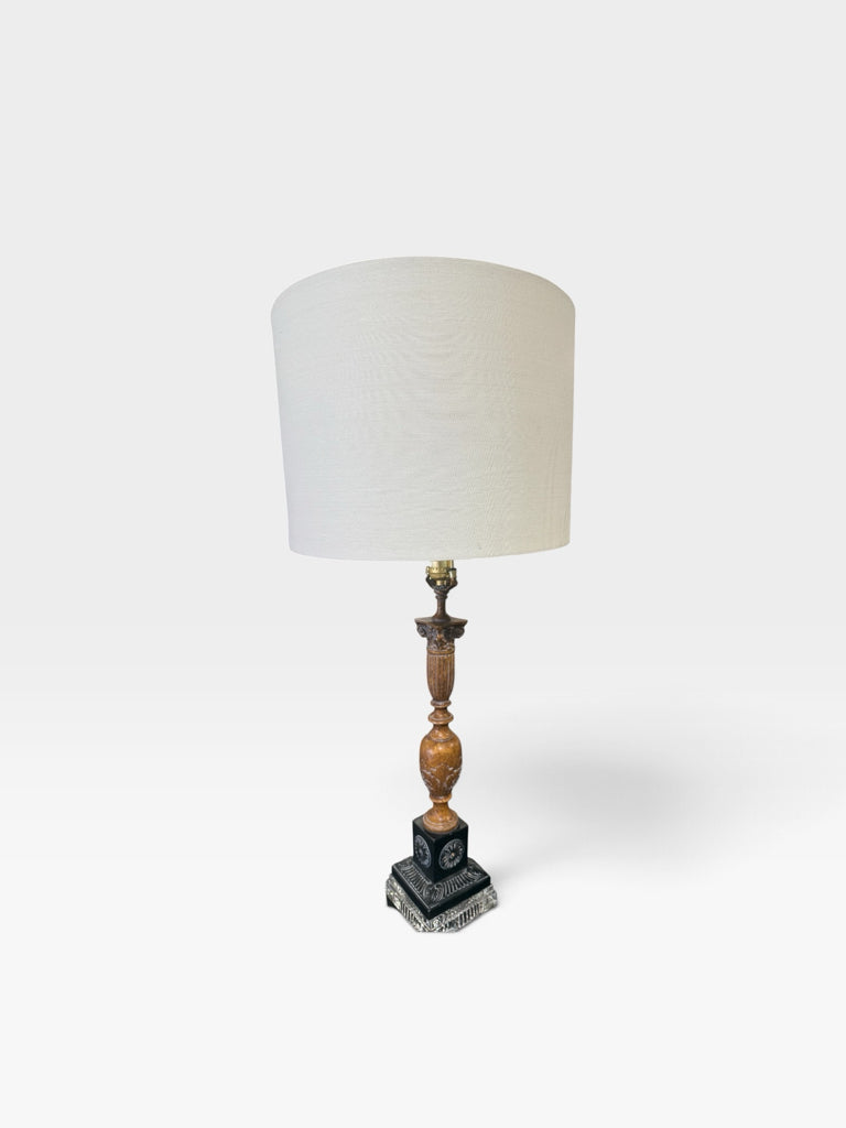 Carved wood column w/crystal base table lamp