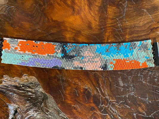 Peyote stitch bracelet, "Wayfair", multi, 1.2"W x 7"L