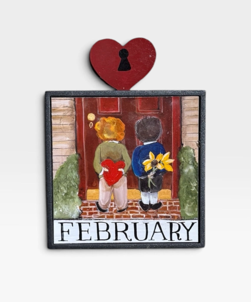 'FEBRUARY' framed Nancy Thomas print, 5" x  5"