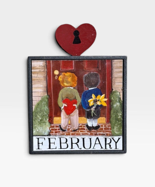 'FEBRUARY' framed Nancy Thomas print, 5" x  5"
