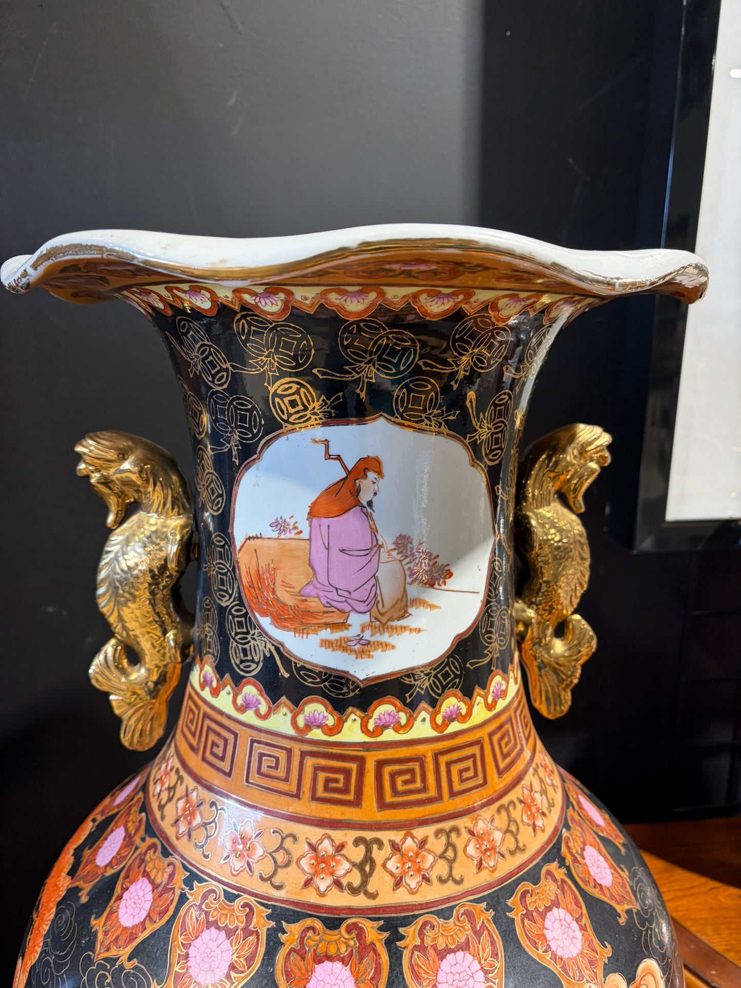 Antique Large Satauma Style Vase & Stand, 53"H x 19"W x 19"D