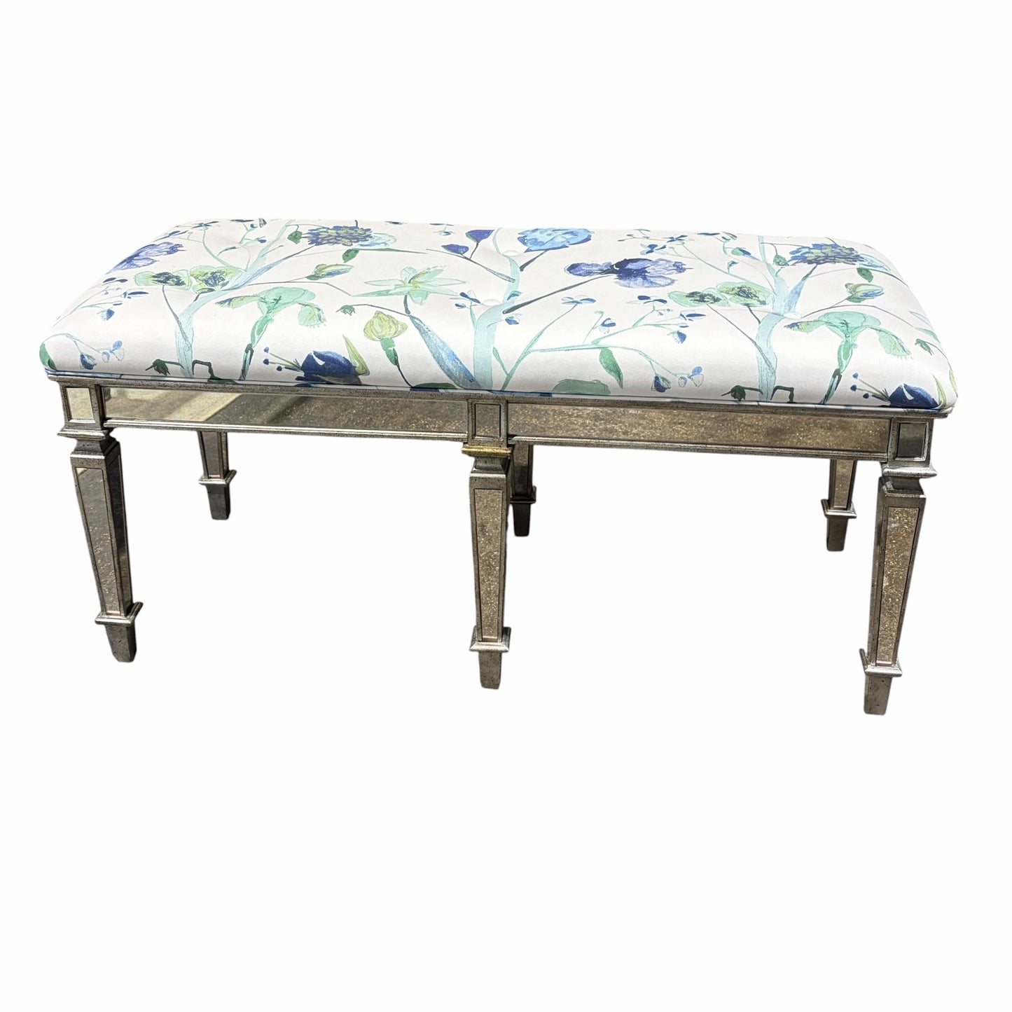 Celeste Mirrored Bench w/ Tufted Cushion, Watercolor Floral, 43"W x 19"D x 21"H