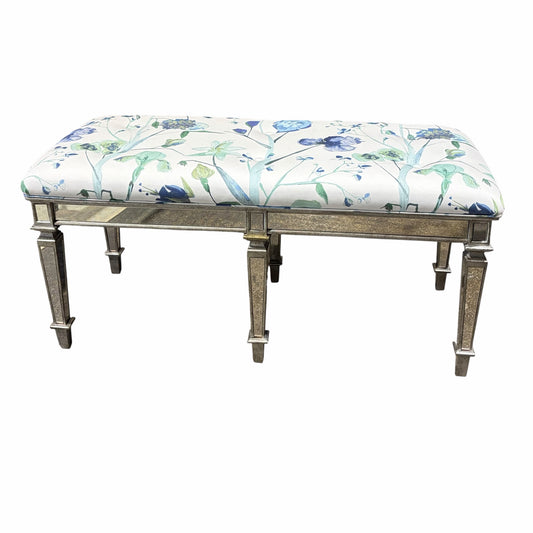 Celeste Mirrored Bench w/ Tufted Cushion, Watercolor Floral, 43"W x 19"D x 21"H