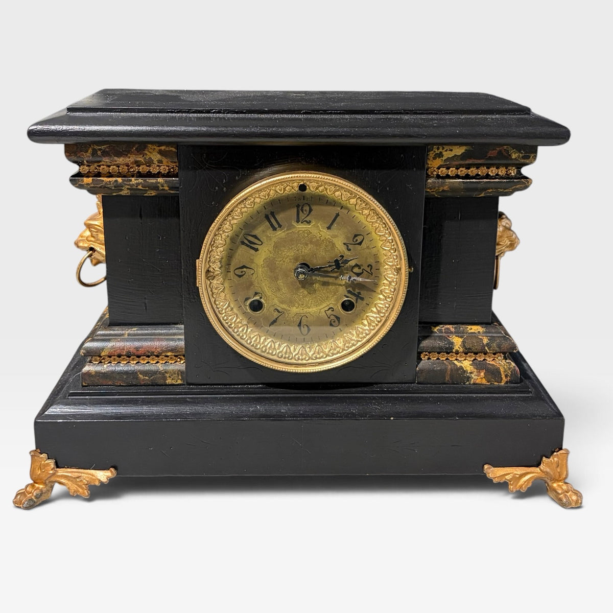 Antique Mantel Clock w/key, blk/grn/bronze, 16"W x 6.75"D x 11"H