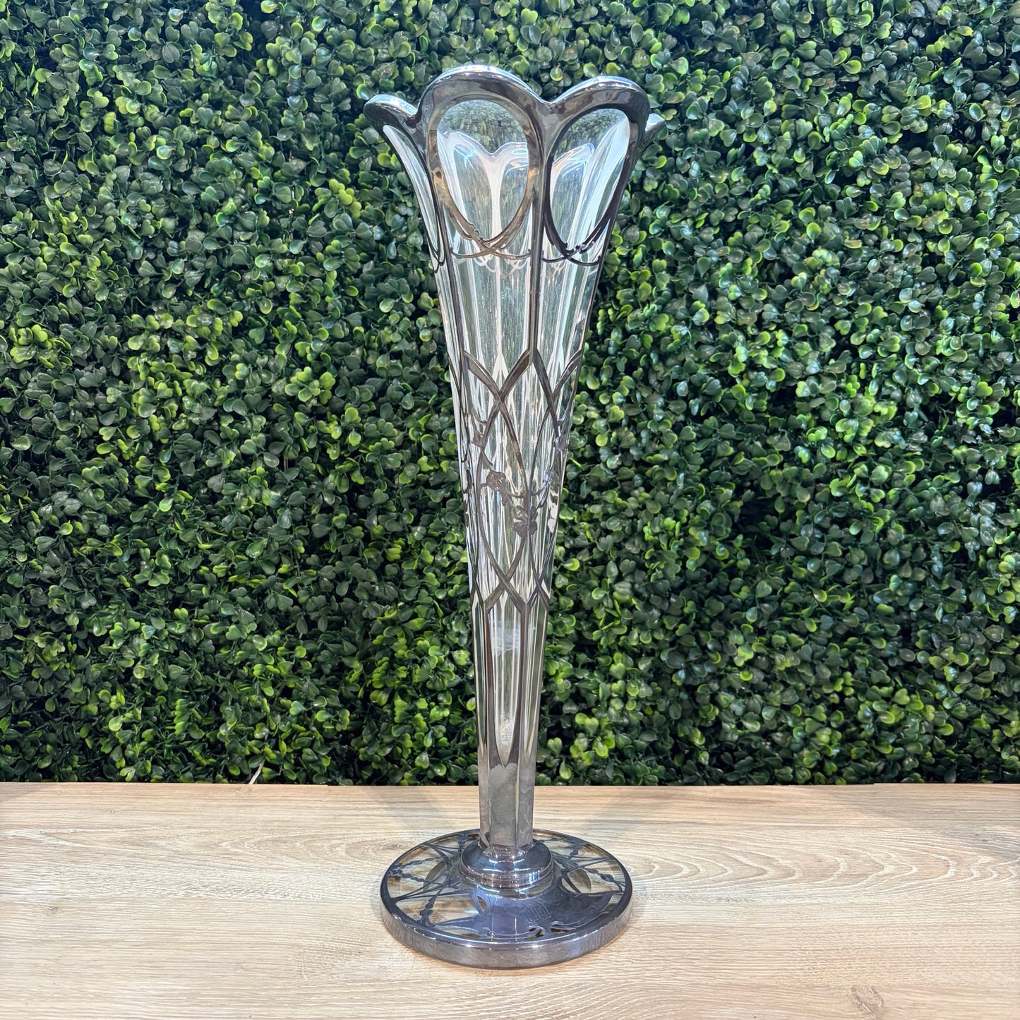 Antique Art Nouveau Trumpet Vase, Glass & Silver, 'W" Monogram, 15'H x 6"Dia
