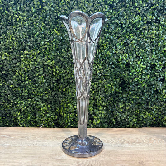 Antique Art Nouveau Trumpet Vase, Glass & Silver, 'W" Monogram, 15'H x 6"Dia