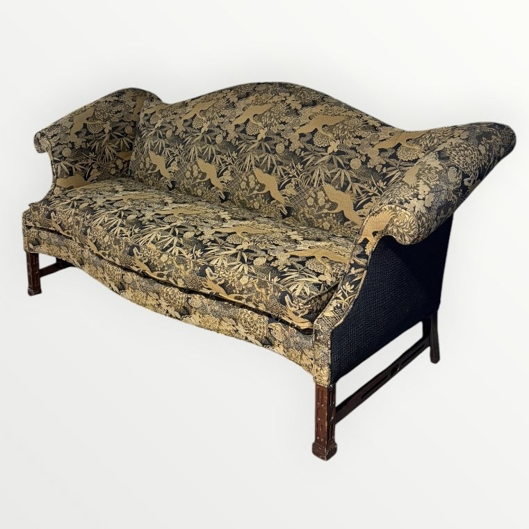 VTG Chippendale Style Sofa, Chinoiserie-Pattern, Black & Gold, 84"W x 34"D x 37"