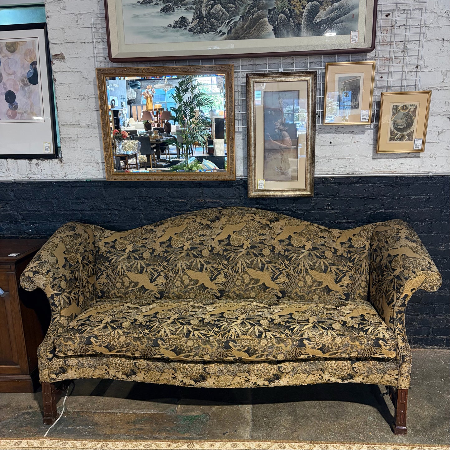 VTG Chippendale Style Sofa, Chinoiserie-Pattern, Black & Gold, 84"W x 34"D x 37"