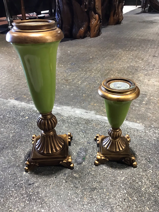 PAIR  Of  Green and Gold Pillar Candleholders 6"W x6"D x11.75 H and 7"Wx7'Dx19'H