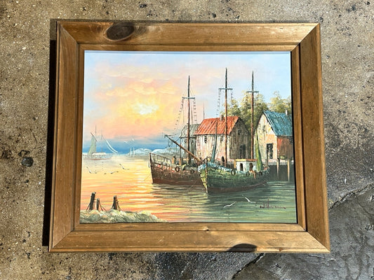 Vintage nautical oil painting, c. 1960s, 29"W x 25"H x 2"D