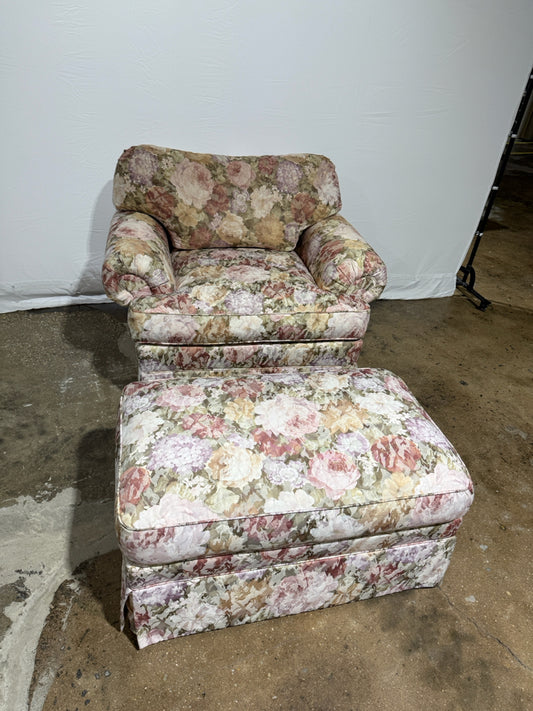 Kravet floral swivel chair & ottoman, 43"W x 36"D x 32"H
