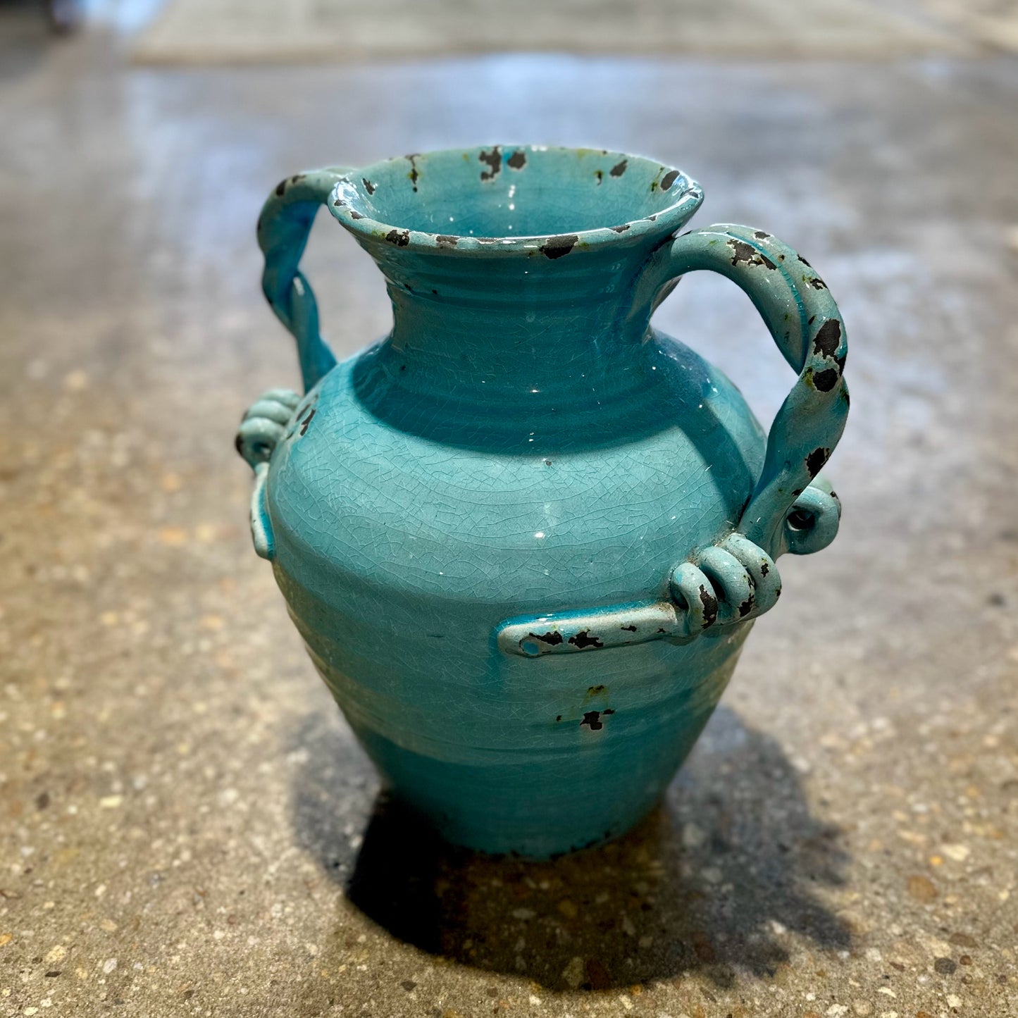 Large Old World Ceramic Urn Vase, Light Blue, 11" L x 12" W x 12" H