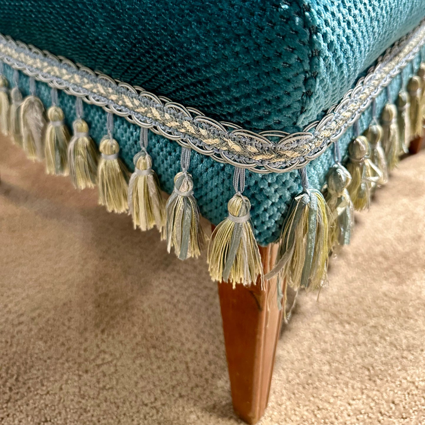 Tufted Armless Upholstered Chair, Teal w/ Tassel Trim, 26.5"L x 29.5"D x 35.5"H