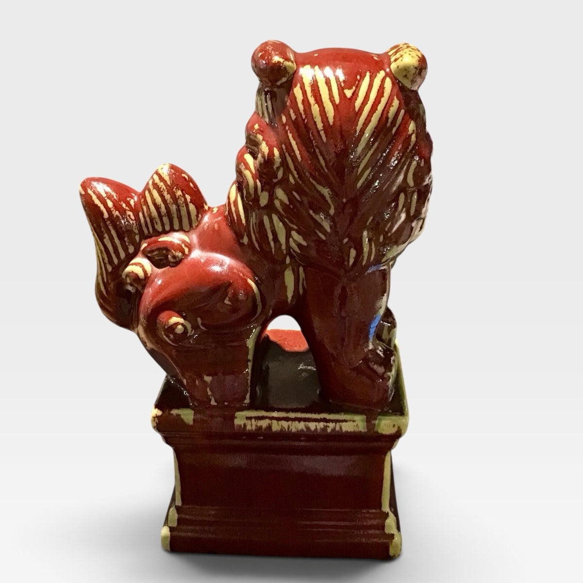 Bombay Ceramic Foo Dog Red Glaze Statue, 9.5"W x 6"D x 15"H