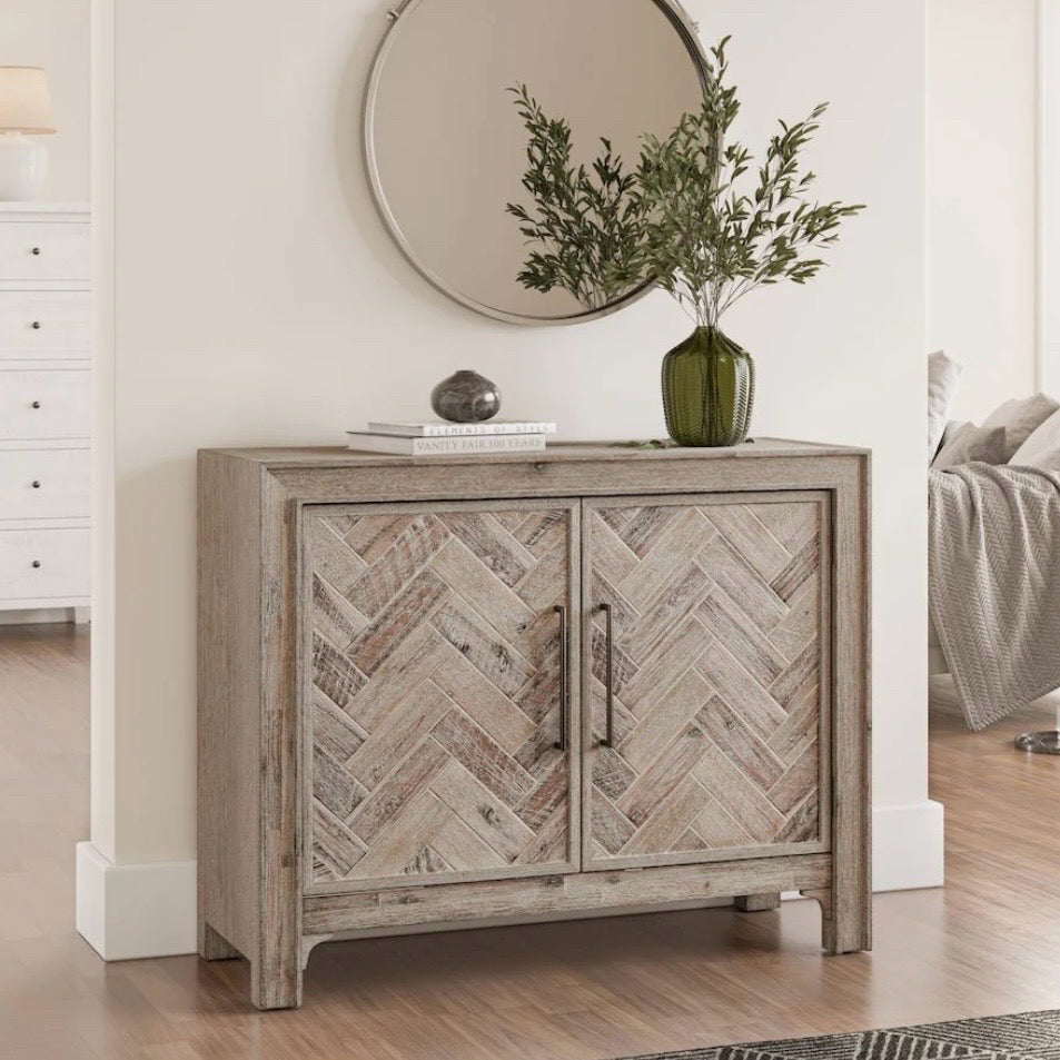 Jofran Gramercy 2 Door Chevron Inlay Cabinet, AS IS, 40"W x 15"D  x 32"H