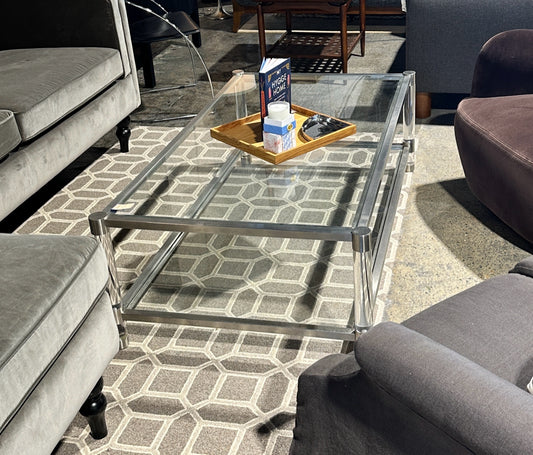 Nouveau brushed lucite/glass coffee table, 55"x31"x17.75"H