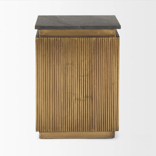 Satima Black Marble w/ Gold Metal Square Fluted Accent Table, 16"W x 16"D x 22"H