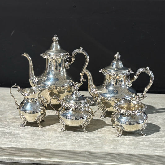 5 pc Sterling Silver Coffee/Tea Set, Gorham Strasbourg 8" W x 6" D x 9.5" H