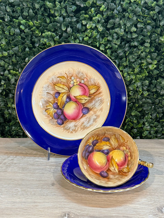 Ansley tea cup/saucer/dessert plate, cobalt/gold, 8"W x 8"D x 3"H