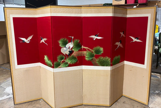 VTG 6 Panel Folding Screen, Red Crowned Cranes, 99"W x 61"H x .75"D