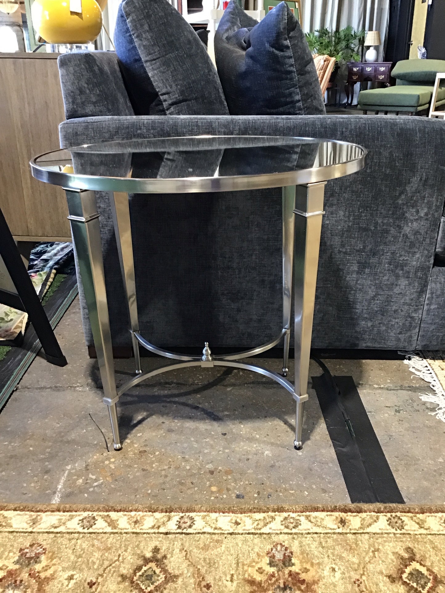 Eglomise mirrored/polished nickel table, 27"Wx18"Dx25.5"H