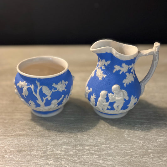 Vintage Dale Hall Jasperware Cream & Sugar Set, Blue & White, 4" H x 3.5" D