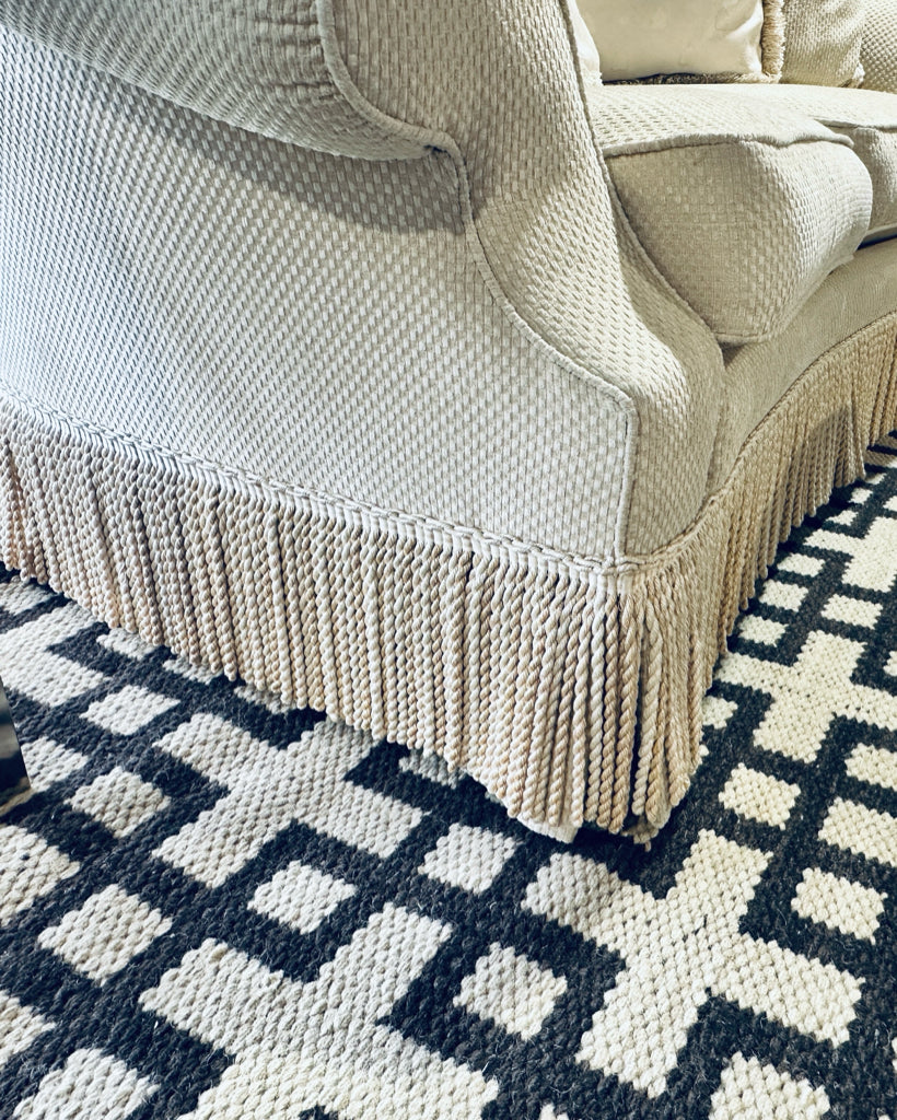 Sherrill loveseat, rolled back/arms, 8" fringe, 65"L x 38"D x 32"H