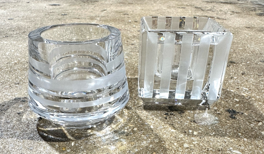 PAIR of Kate Spade Lenox crystal striped votive holders, 2.5"H