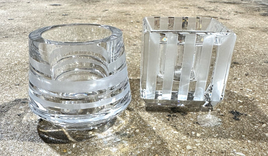 PAIR of Kate Spade Lenox crystal striped votive holders, 2.5"H