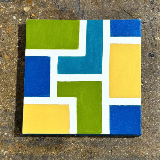 Geometric Painting blue, green, yellow 12" W x 1.25" D x 12" H