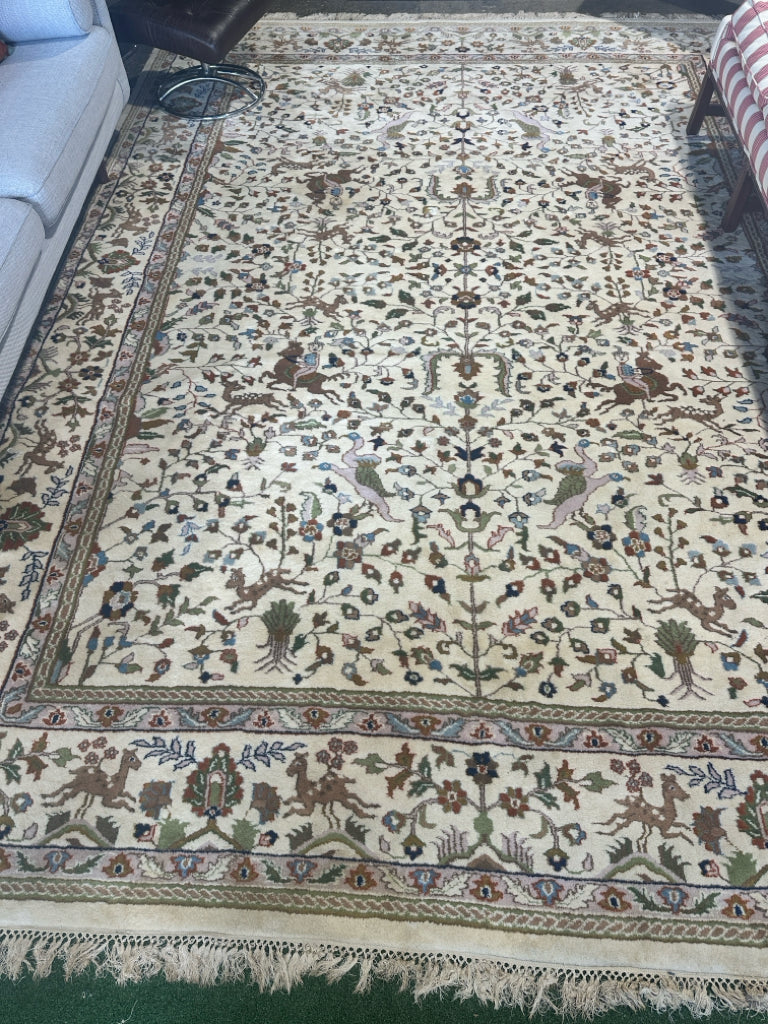 Persian rug, handwoven, ivory/multicolor, 12'8" L x 8'10"W