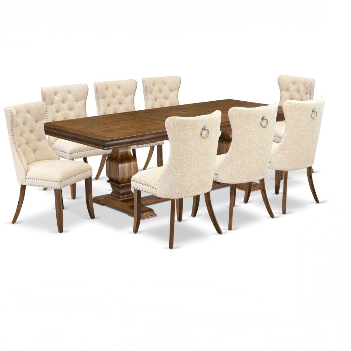 9 Pieces Dining Table & 8 Linen Chairs, Acacia Wood,  68/92"L x 42"W x 30"H