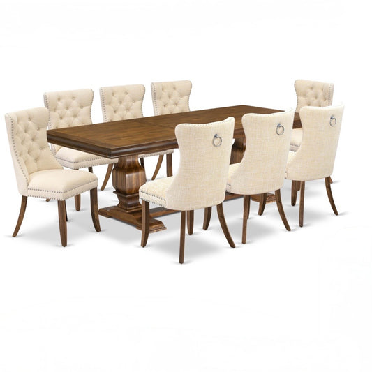 9 Pieces Dining Table & 8 Linen Chairs, Acacia Wood,  68/92"L x 42"W x 30"H