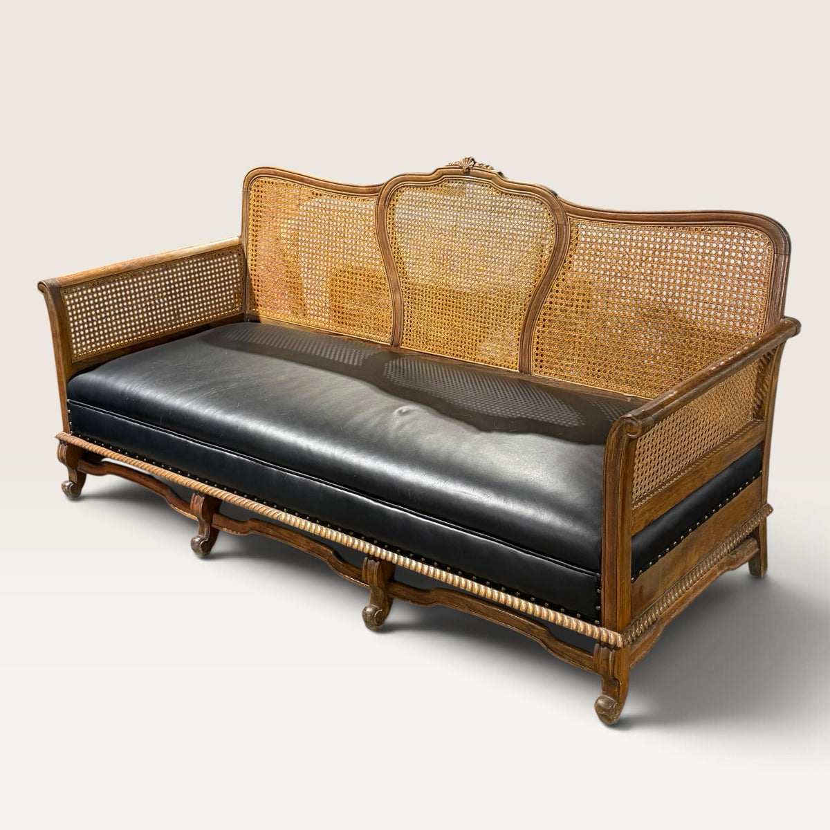 1930's Teak & Cane Sofa w/Black Leather Seat