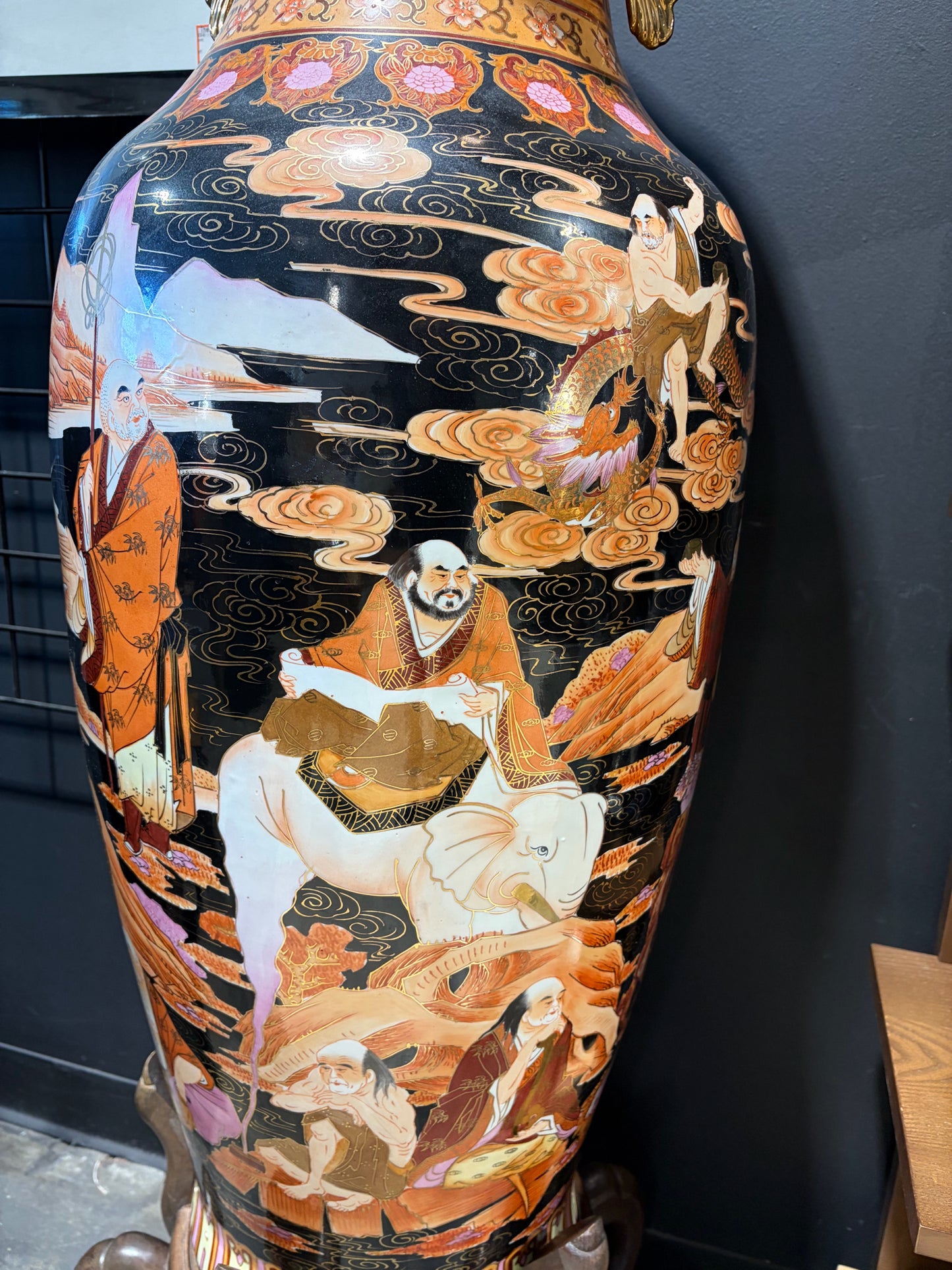 Antique Large Satauma Style Vase & Stand, 53"H x 19"W x 19"D