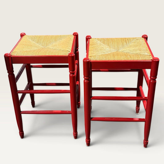 PAIR of Italian rush seat counter stools, red, 16"W x 16"D x 26"H