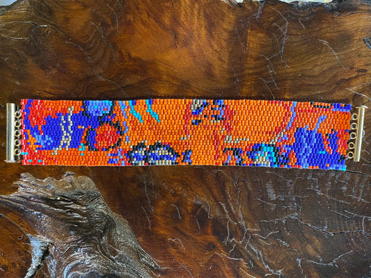 Peyote stitch bracelet, "Splash of Color", oranges/blues, 1.4"W x 7"L