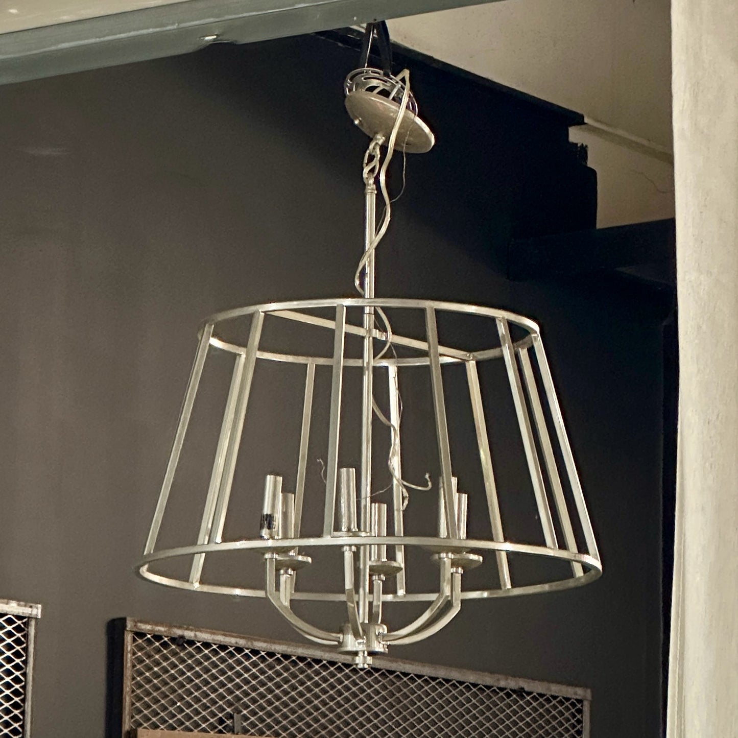 Austin Allen & Co Brushed Chrome Basket Chandelier, Silver Metal, 24" Dia