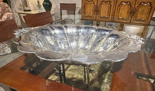 Vintage Baroque footed bowl, silverplate, 22"W x 15.5"D x 5"H